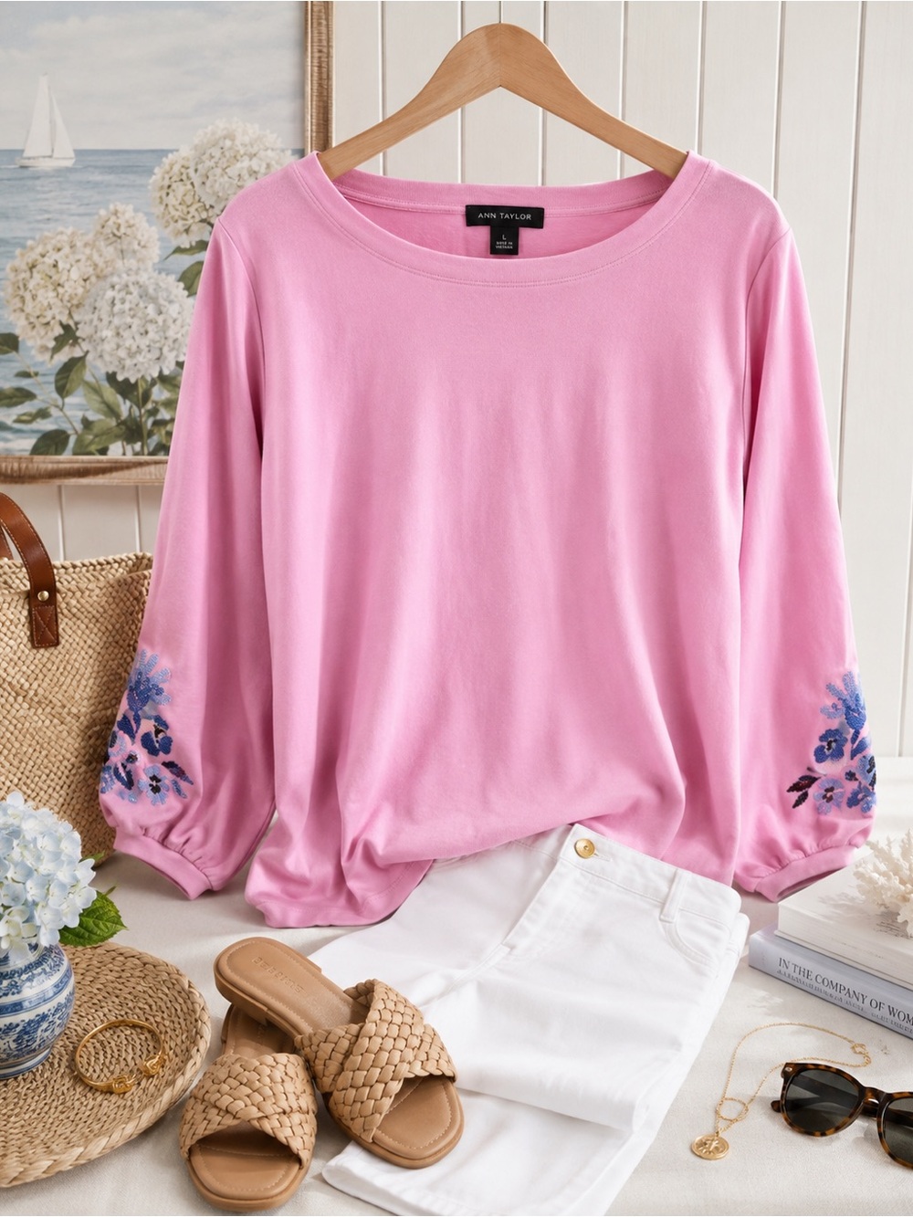 Ann Taylor Pink Floral Embroidered Balloon Sleeve Top Large - Picture 1 of 10